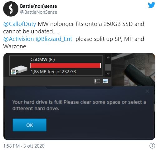 Call Of Duty Modern Warfare rende inutilizzabili gli hard disk da 256 GB 1 cod peso