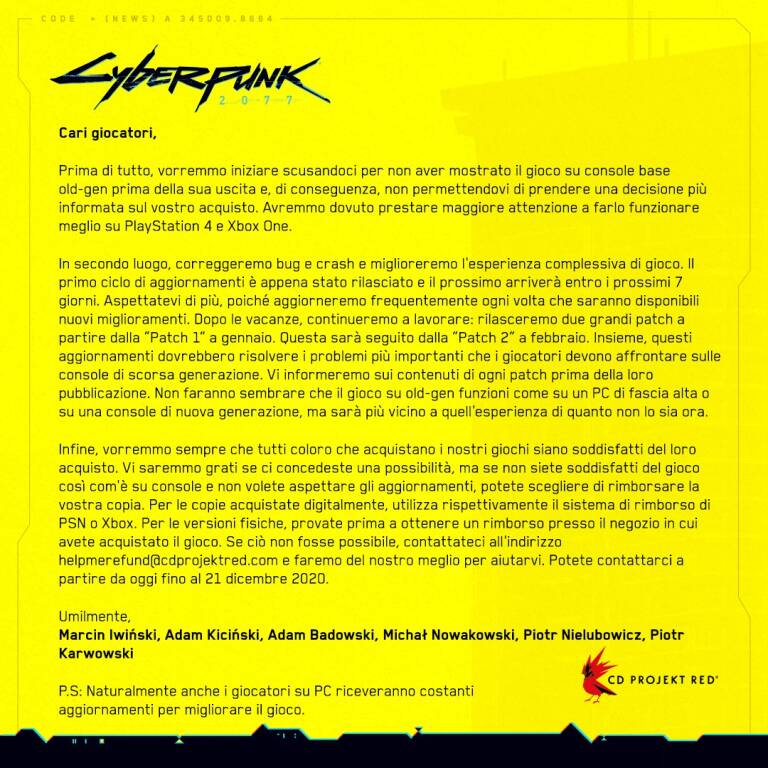 CD Projekt Red esce dal silenzio, scuse ai consumatori 1 cyberpunk 2077
